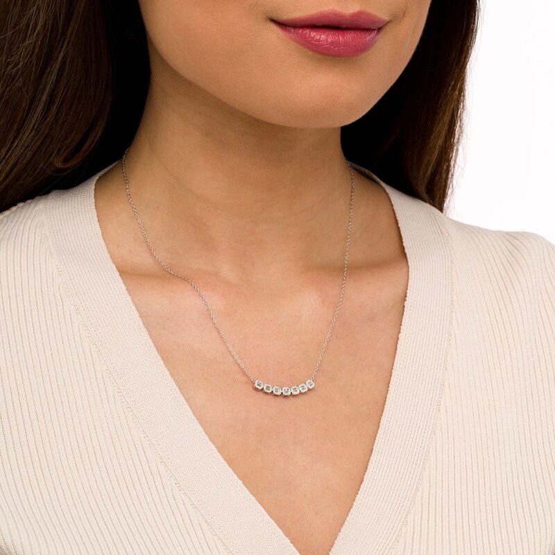 Main Image 2 of 1/3 CT. T.W. Baguette and Round Diamond Hexagon Frame Curved Necklace in 10K White Gold