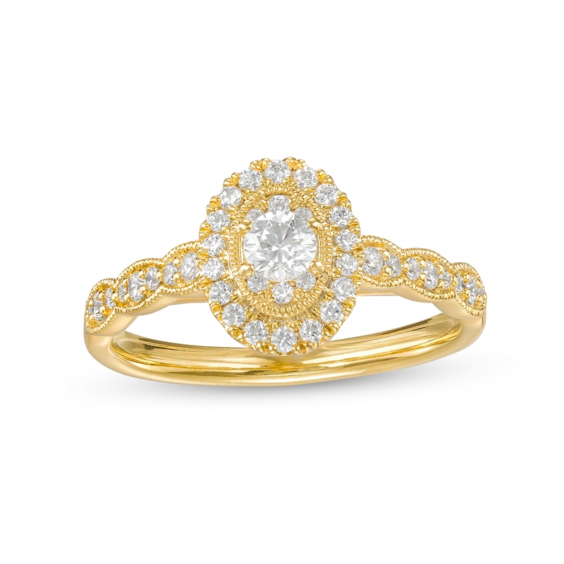 Main Image 1 of 1/2 CT. T.W. Oval-Shaped Multi-Diamond Frame Scallop Shank Vintage-Style Engagement Ring in 10K Gold
