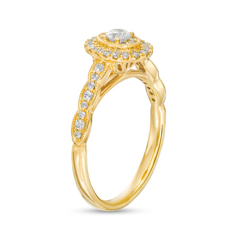 Main Image 3 of 1/2 CT. T.W. Oval-Shaped Multi-Diamond Frame Scallop Shank Vintage-Style Engagement Ring in 10K Gold