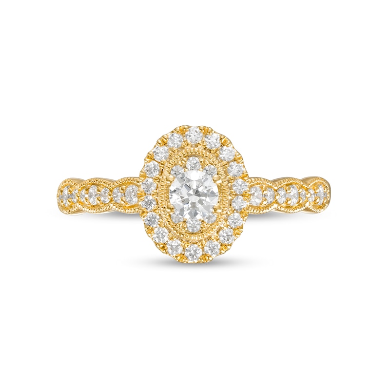 Main Image 4 of 1/2 CT. T.W. Oval-Shaped Multi-Diamond Frame Scallop Shank Vintage-Style Engagement Ring in 10K Gold