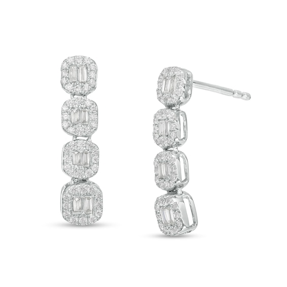 1/3 CT. T.w. Baguette and Round Diamond Hexagon Frame Drop Earrings in 10K White Gold