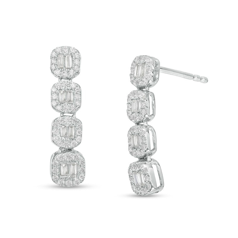 Main Image 1 of 1/3 CT. T.W. Baguette and Round Diamond Hexagon Frame Drop Earrings in 10K White Gold
