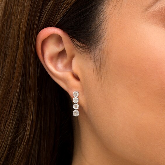 1/3 CT. T.w. Baguette and Round Diamond Hexagon Frame Drop Earrings in 10K White Gold