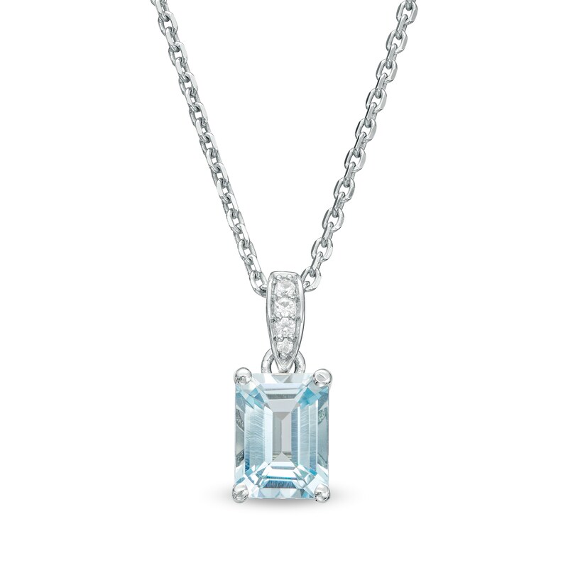 Emerald-Cut Aquamarine and White Lab-Created Sapphire Pendant in Sterling Silver