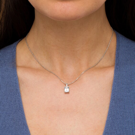 Emerald-Cut Aquamarine and White Lab-Created Sapphire Pendant in Sterling Silver