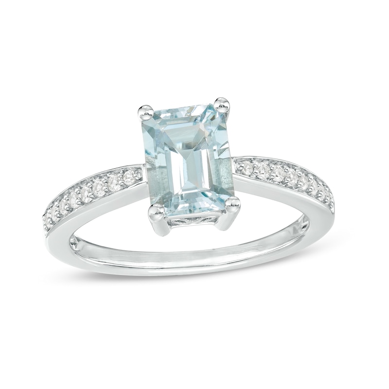 Emerald-Cut Aquamarine and White Lab-Created Sapphire Ring in Sterling Silver