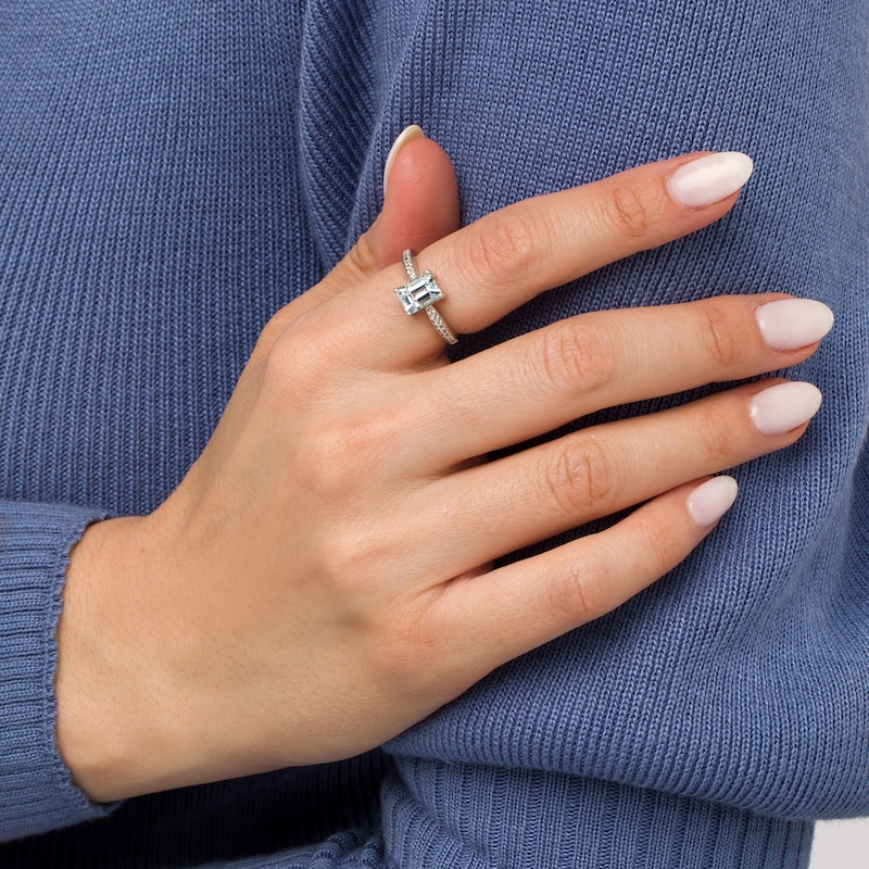 Main Image 2 of Emerald-Cut Aquamarine and White Lab-Created Sapphire Ring in Sterling Silver