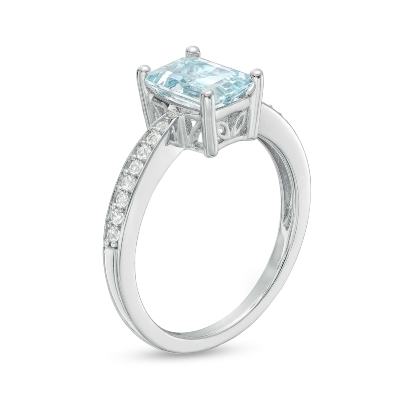 Main Image 3 of Emerald-Cut Aquamarine and White Lab-Created Sapphire Ring in Sterling Silver