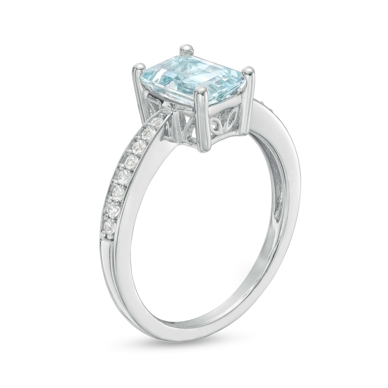 Emerald-Cut Aquamarine and White Lab-Created Sapphire Ring in Sterling Silver