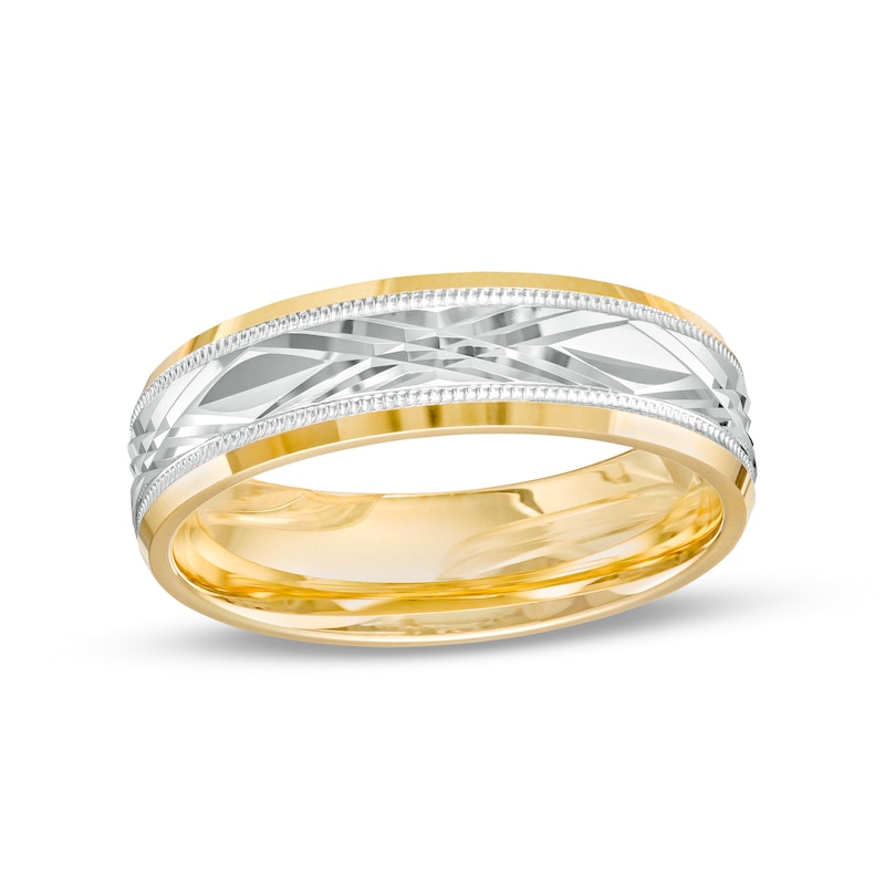Main Image 1 of Men's 6.0mm Diamond-Cut Vintage-Style Wedding Band in 14K Two-Tone Gold - Size 10