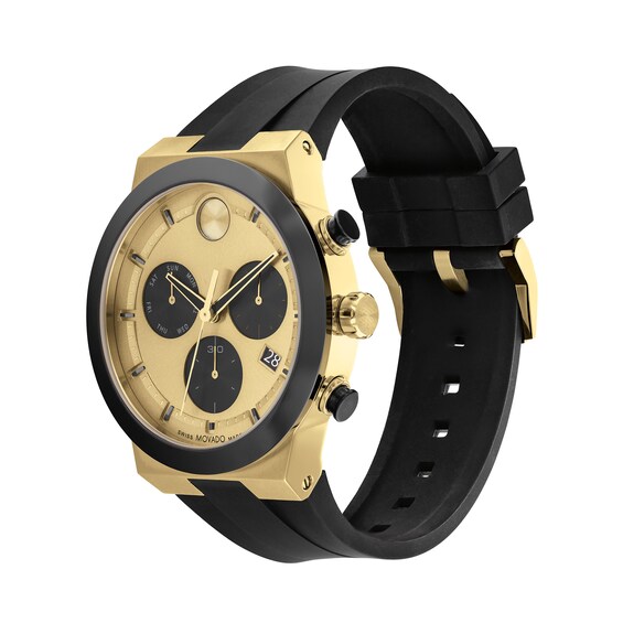 Men's Movado BoldÂ® Fusion Two-Tone Ceramic Chronograph Black Strap Watch with Black and Gold-Tone Dial (Model: 3600895)