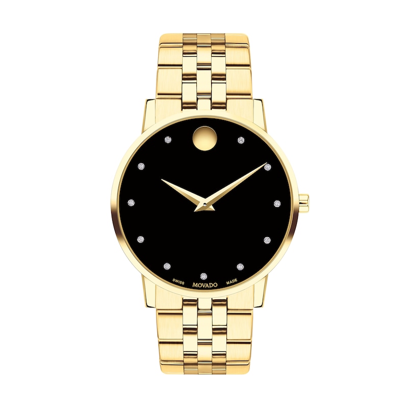 Men's Movado Museum® Classic 1/20 CT. T.W. Diamond Gold-Tone PVD Watch with Black Dial (Model: 0607625)