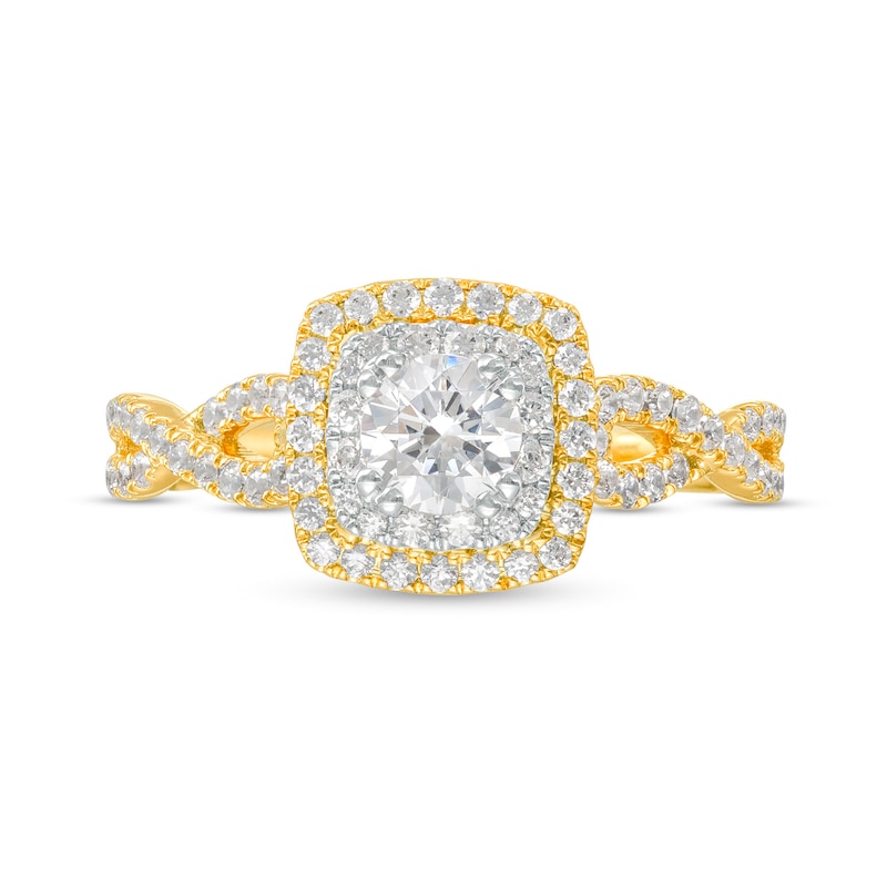 Main Image 4 of 1 CT. T.W. Diamond Cushion-Shaped Double Frame Twist Shank Engagement Ring in 14K Gold