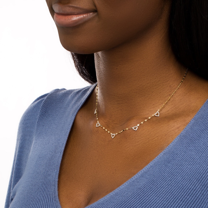 Main Image 2 of 1/4 CT. T.W. Diamond Heart Outline Station Necklace in 10K Gold