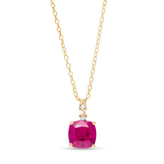 8.0mm Cushion-Cut Lab-Created Ruby and Diamond Accent "X" Drop Pendant in 10K Gold