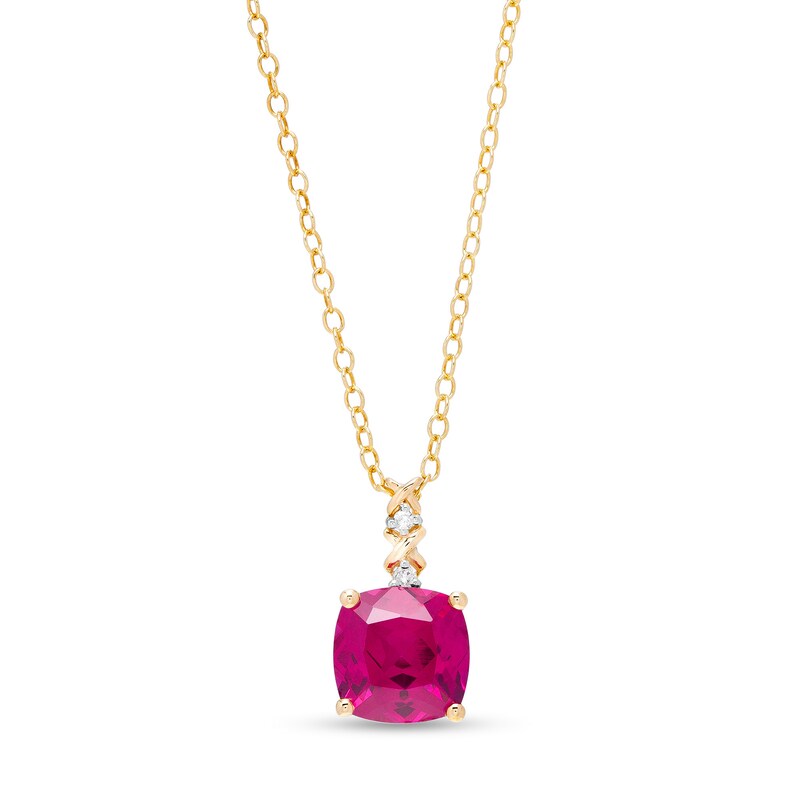 Main Image 1 of 8.0mm Cushion-Cut Lab-Created Ruby and Diamond Accent "X" Drop Pendant in 10K Gold