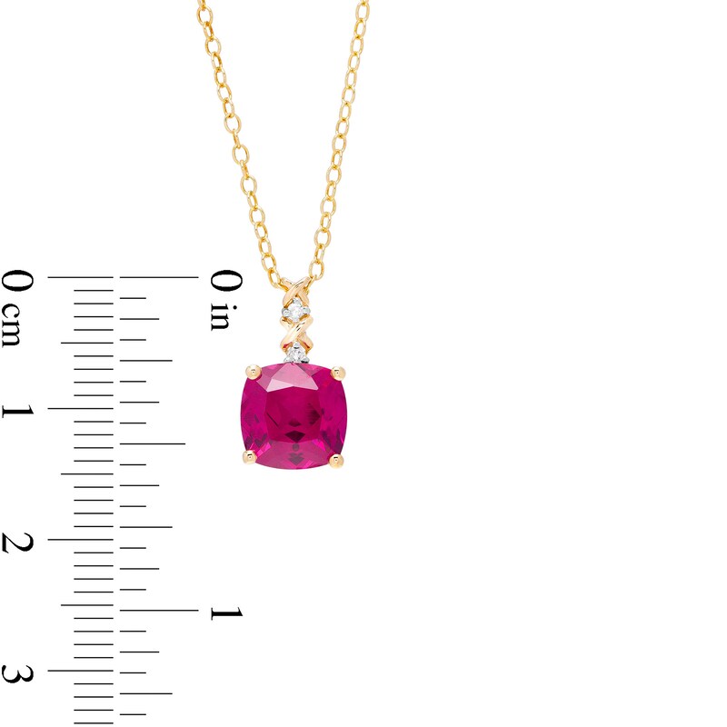 Main Image 3 of 8.0mm Cushion-Cut Lab-Created Ruby and Diamond Accent "X" Drop Pendant in 10K Gold