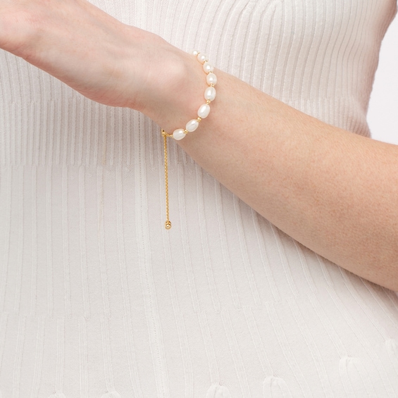 Sideways Baroque Freshwater Cultured Pearl Bolo Bracelet in Sterling Silver with 18K Gold Plate-9.0"
