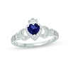 Thumbnail Image 1 of 5.0mm Heart-Shaped Blue Lab-Created Sapphire and 1/20 CT. T.W. Diamond Claddagh Engagement Ring in Sterling Silver