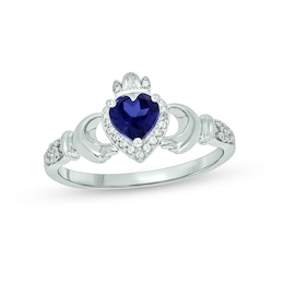 5.0mm Heart-Shaped Blue Lab-Created Sapphire and 1/20 CT. T.W. Diamond Claddagh Engagement Ring in Sterling Silver