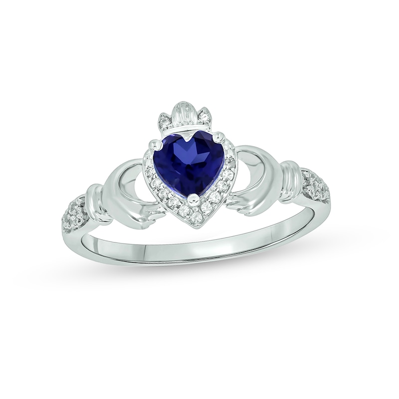 Main Image 1 of 5.0mm Heart-Shaped Blue Lab-Created Sapphire and 1/20 CT. T.W. Diamond Claddagh Engagement Ring in Sterling Silver