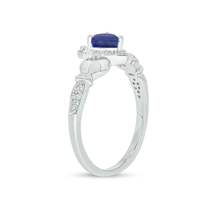 Main Image 2 of 5.0mm Heart-Shaped Blue Lab-Created Sapphire and 1/20 CT. T.W. Diamond Claddagh Engagement Ring in Sterling Silver