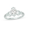 Thumbnail Image 1 of 5.0mm Heart-Shaped White Lab-Created Sapphire and 1/20 CT. T.W. Diamond Frame Claddagh Ring in Sterling Silver