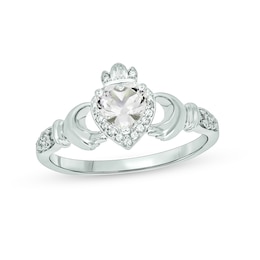 5.0mm Heart-Shaped White Lab-Created Sapphire and 1/20 CT. T.W. Diamond Frame Claddagh Ring in Sterling Silver
