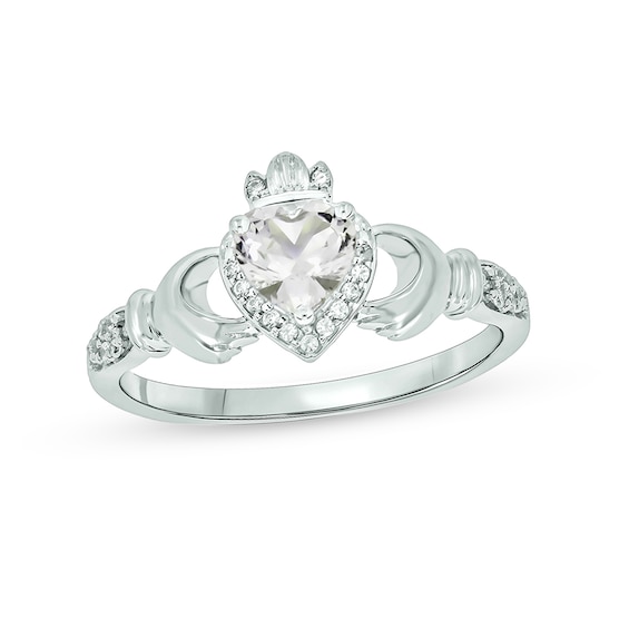 5.0mm Heart-Shaped White Lab-Created Sapphire and 1/20 CT. T.w. Diamond Frame Claddagh Ring in Sterling Silver