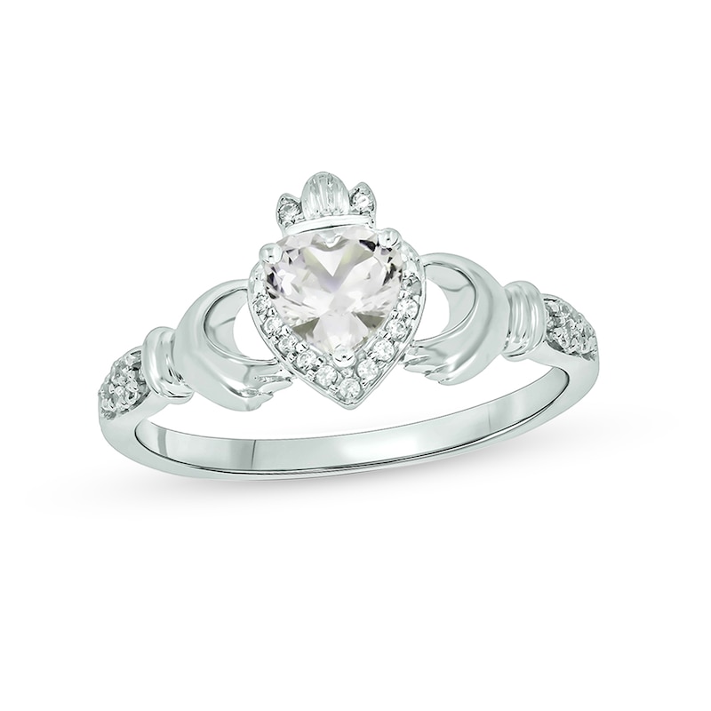 Main Image 1 of 5.0mm Heart-Shaped White Lab-Created Sapphire and 1/20 CT. T.W. Diamond Frame Claddagh Ring in Sterling Silver