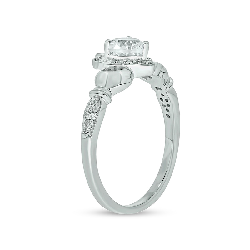 Main Image 2 of 5.0mm Heart-Shaped White Lab-Created Sapphire and 1/20 CT. T.W. Diamond Frame Claddagh Ring in Sterling Silver