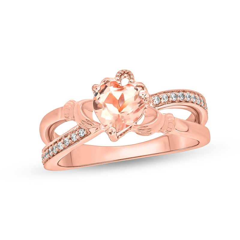 Main Image 1 of Heart-Shaped Morganite and 1/10 CT. T.W. Diamond Criss-Cross Claddagh Ring in Sterling Silver with 14K Rose Gold Plate