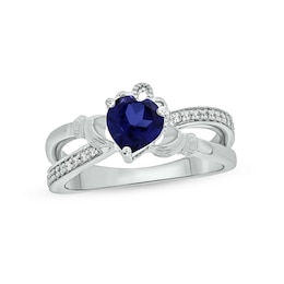 5.0mm Heart-Shaped Blue Lab-Created Sapphire and 1/10 CT. T.W. Diamond Criss-Cross Claddagh Ring in Sterling Silver