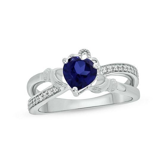 5.0mm Heart-Shaped Blue Lab-Created Sapphire and 1/10 CT. T.w. Diamond Criss-Cross Claddagh Ring in Sterling Silver