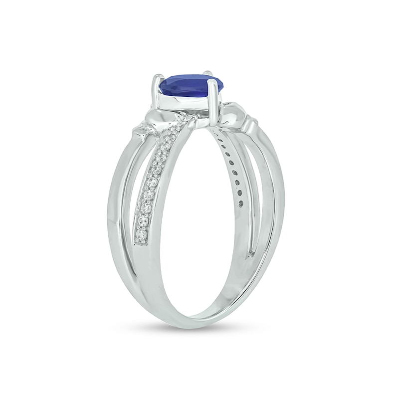 Main Image 2 of 5.0mm Heart-Shaped Blue Lab-Created Sapphire and 1/10 CT. T.W. Diamond Criss-Cross Claddagh Ring in Sterling Silver