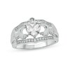 Thumbnail Image 1 of 6.0mm Heart-Shaped White Lab-Created Sapphire and 1/10 CT. T.W. Diamond Vintage-Style Claddagh Ring in Sterling Silver
