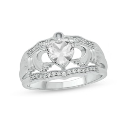 6.0mm Heart-Shaped White Lab-Created Sapphire and 1/10 CT. T.W. Diamond Vintage-Style Claddagh Ring in Sterling Silver