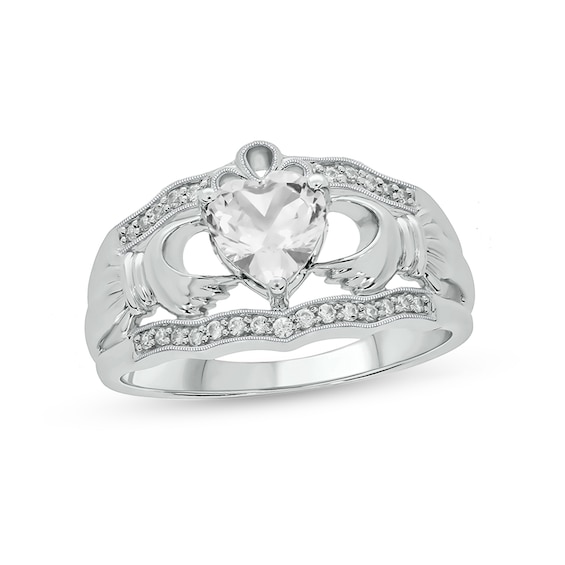 6.0mm Heart-Shaped White Lab-Created Sapphire and 1/10 CT. T.w. Diamond Vintage-Style Claddagh Ring in Sterling Silver