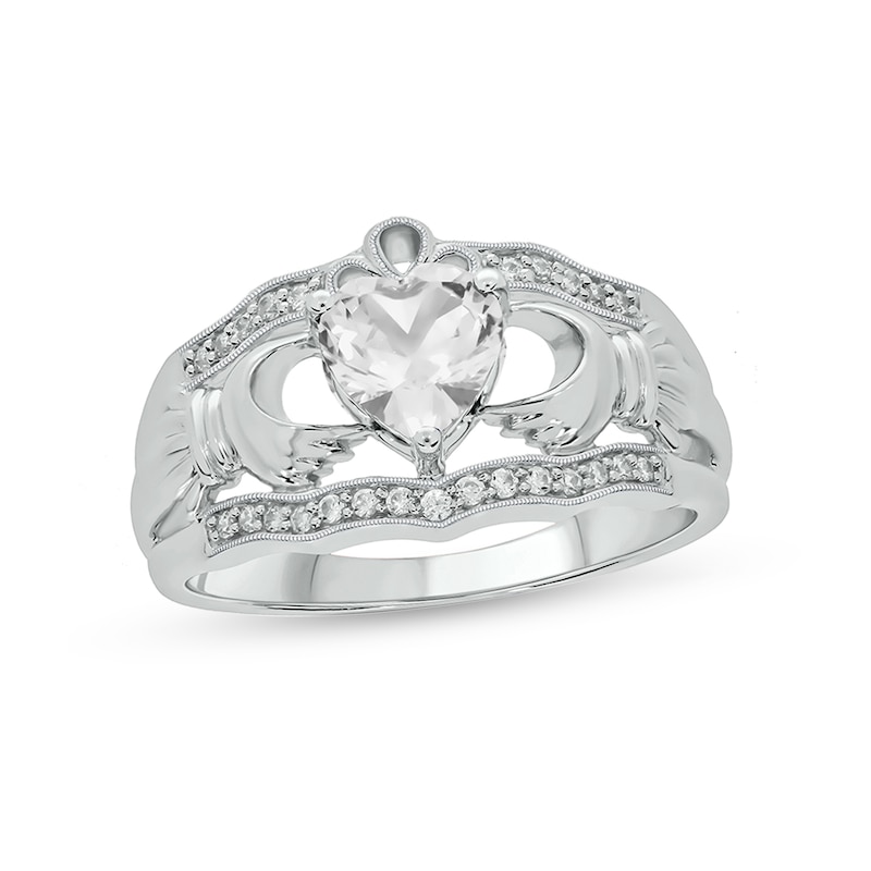 Main Image 1 of 6.0mm Heart-Shaped White Lab-Created Sapphire and 1/10 CT. T.W. Diamond Vintage-Style Claddagh Ring in Sterling Silver