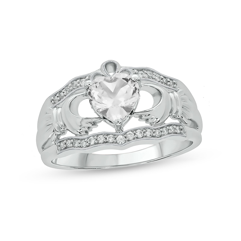 6.0mm Heart-Shaped White Lab-Created Sapphire and 1/10 CT. T.W. Diamond Vintage-Style Claddagh Ring in Sterling Silver