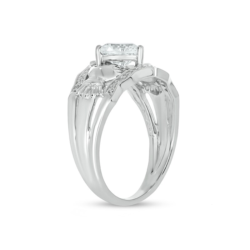 Main Image 2 of 6.0mm Heart-Shaped White Lab-Created Sapphire and 1/10 CT. T.W. Diamond Vintage-Style Claddagh Ring in Sterling Silver
