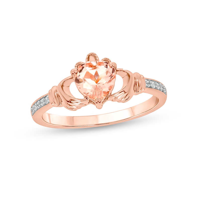 Main Image 1 of Heart-Shaped Morganite and 1/20 CT. T.W. Diamond Claddagh Engagement Ring in Sterling Silver with 14K Rose Gold Plate
