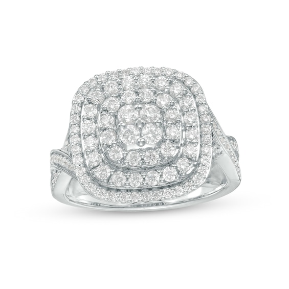 1 CT. T.w. Cushion-Shaped Multi-Diamond Triple Framed Twist Shank Ring in 10K White Gold