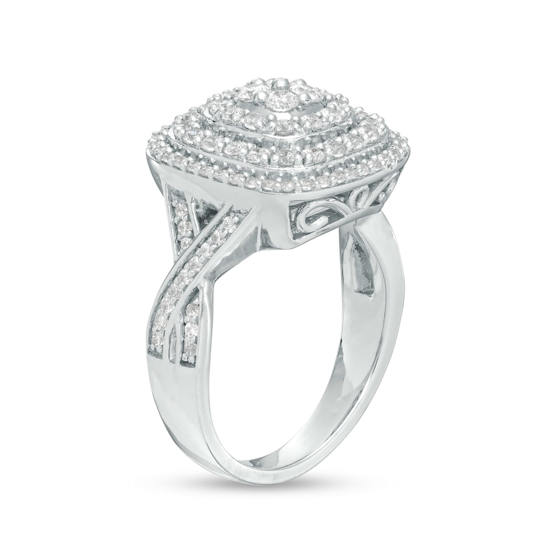 Main Image 3 of 1 CT. T.W. Cushion-Shaped Multi-Diamond Triple Framed Twist Shank Ring in 10K White Gold