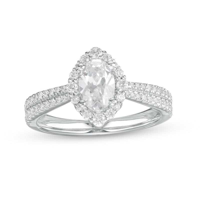 Main Image 1 of Love's Destiny by Zales 1-1/4 CT. T.W. Certified Oval Diamond Frame Double Row Engagement Ring in 14K White Gold (I/SI2)