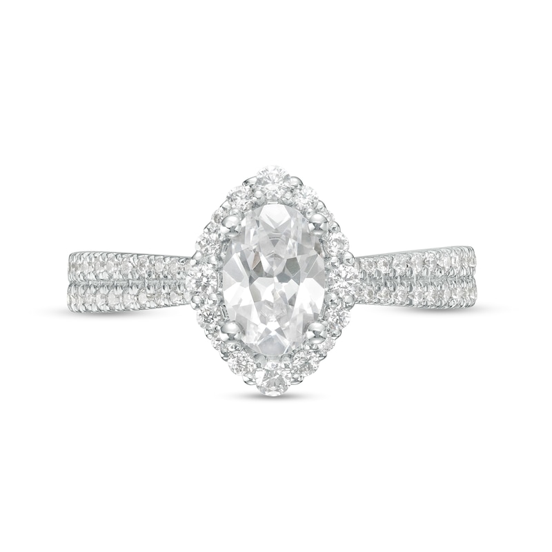 Main Image 4 of Love's Destiny by Zales 1-1/4 CT. T.W. Certified Oval Diamond Frame Double Row Engagement Ring in 14K White Gold (I/SI2)