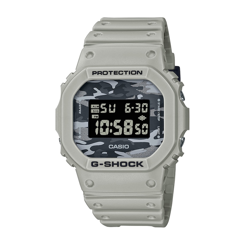 Men's Casio G-Shock Classic Grey Resin Strap Watch with Octagonal Grey Camouflage Dial (Model: DW5600CA-8)