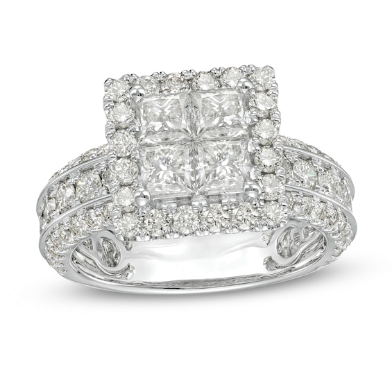 3 CT. T.w. Quad Princess-Cut Diamond Frame Triple Row Engagement Ring in 14K White Gold