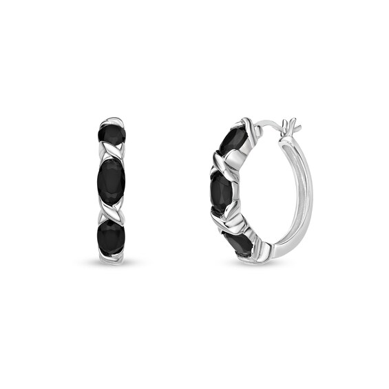 Oval Onyx Three Stone "Xo" Hoop Earrings in Sterling Silver