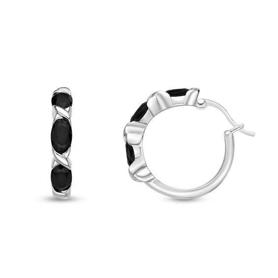 Oval Onyx Three Stone "Xo" Hoop Earrings in Sterling Silver